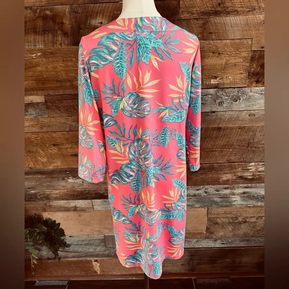 Caribbean Joe Tropical Floral Notch Neck Shift Dress Pink Blue Size Medium